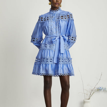 Nova Blue Cut-out Lace Mini Dress with Flared Cuffs and Pearl-like Buttons