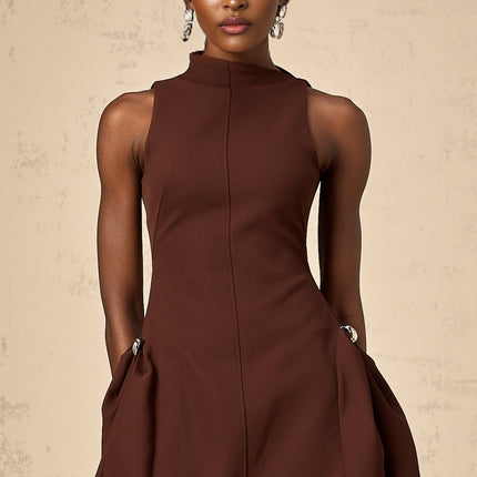 Nunzia Brown Mini Dress Asymmetric Neck Cinched Waist Puff Skirt Ruched Detailing Embossed Silver-tone Hardware Opulent Rear Zip Fastening Sleeveless Luxurious Blend Cotton Terylene Spandex