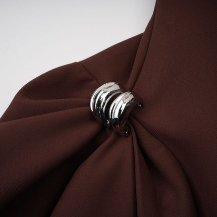 Nunzia Brown Mini Dress with Asymmetric Neck and Puff Skirt