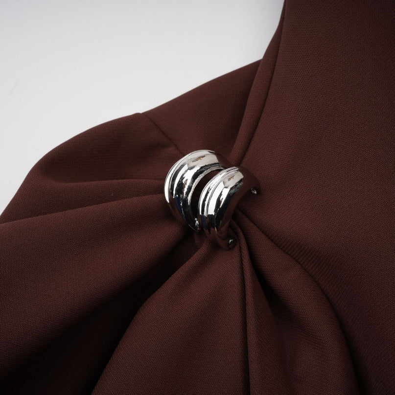 Nunzia Brown Mini Dress with Asymmetric Neck and Puff Skirt