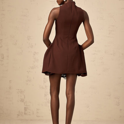 Nunzia Brown Mini Dress with Asymmetric Neck and Puff Skirt