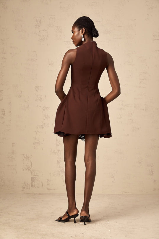Nunzia Brown Mini Dress with Asymmetric Neck and Puff Skirt
