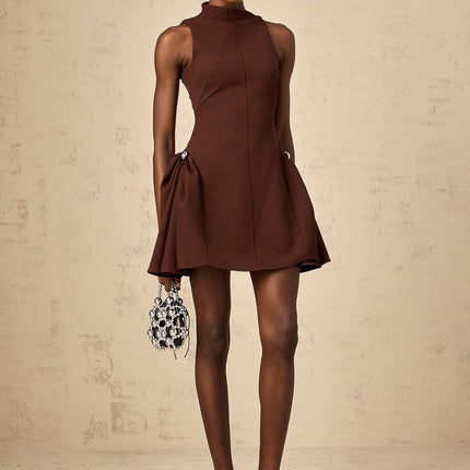 Nunzia Brown Mini Dress with Asymmetric Neck and Puff Skirt