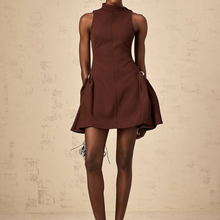 Nunzia Brown Mini Dress with Asymmetric Neck and Puff Skirt