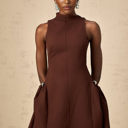 Nunzia Brown Mini Dress with Asymmetric Neck Design and Embossed Silver-Tone Hardware