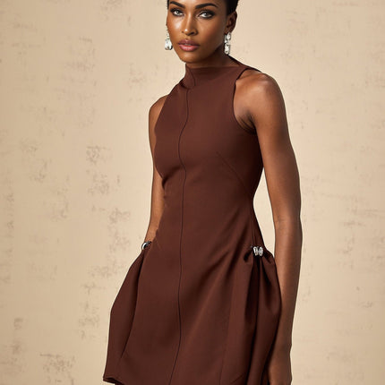 Nunzia Brown Mini Dress with Asymmetric Neck Design and Embossed Silver-Tone Hardware