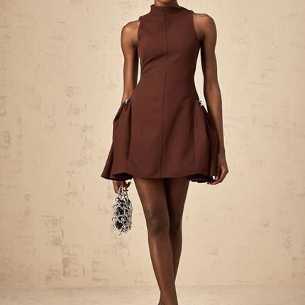 Nunzia Brown Mini Dress Asymmetric Neck Cinched Waist Puff Skirt Ruched Detailing Embossed Silver-Tone Hardware Rear Zip Fastening Sleeveless Thigh-Length Cotton Terylene Spandex