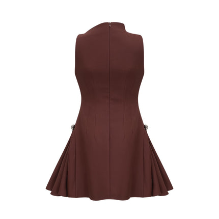 Nunzia Brown Mini Dress with Asymmetric Neck Design and Embossed Silver-Tone Hardware