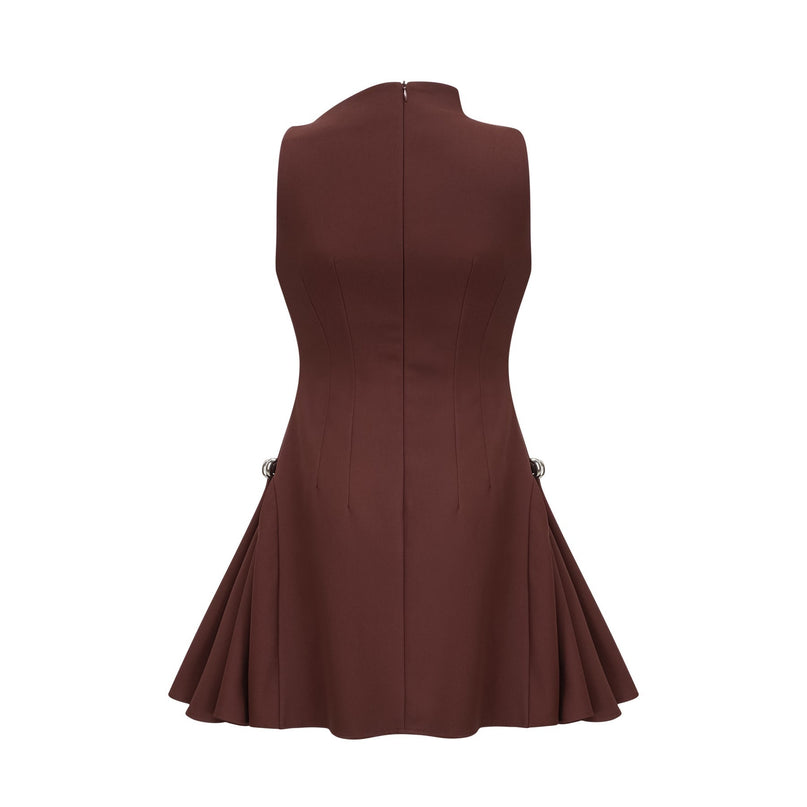 Nunzia Brown Mini Dress with Asymmetric Neck Design and Embossed Silver-Tone Hardware