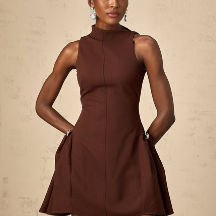 Nunzia Brown Mini Dress Asymmetric Neck Cinched Waist Puff Skirt Ruched Detailing Embossed Silver-tone Hardware Rear Zip Fastening Sleeveless Thigh-length