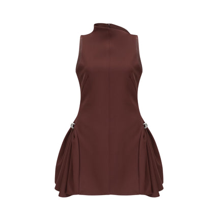 Nunzia Mini Dress Brown Asymmetric Neck Cinched Waist Puff Skirt Ruched Detailing Embossed Silver-Tone Hardware Sleeveless Thigh-Length