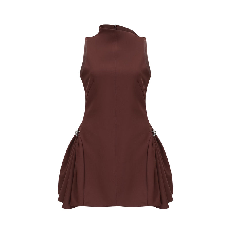 Nunzia Mini Dress Brown Asymmetric Neck Cinched Waist Puff Skirt Ruched Detailing Embossed Silver-Tone Hardware Sleeveless Thigh-Length