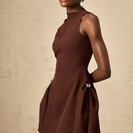 Nunzia Mini Dress in Brown with Asymmetric Neck Design, Cinched Waist, Puff Skirt, Ruched Detailing, and Silver-tone Hardware