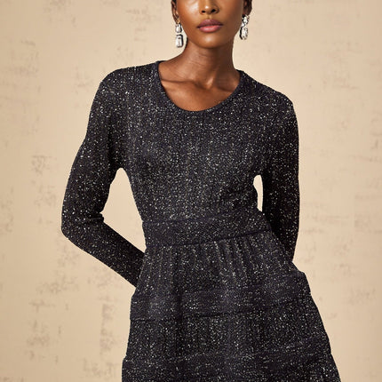 Oakley Black Sequin Tiered Scallop Hem Mini Dress