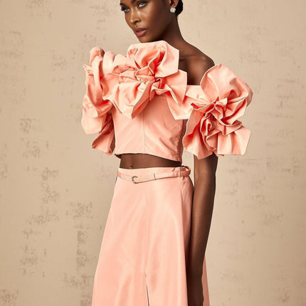 Oakley Pink Floral Applique Skirt Top Set Terylene Fiber High Rise Flared Hem Side Slit Detail