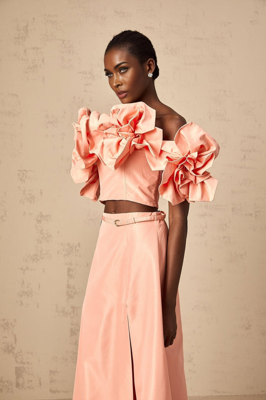 Oakley Pink Floral Applique Skirt Top Set Terylene Fiber High Rise Flared Hem Side Slit Detail
