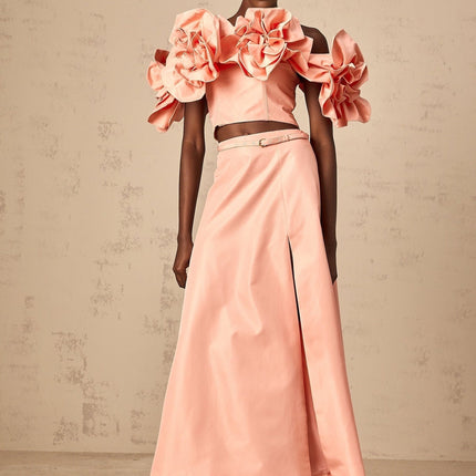 Oakley Pink Floral Applique Skirt Top Set Terylene Fiber High Rise Flared Hem Side Slit Detail