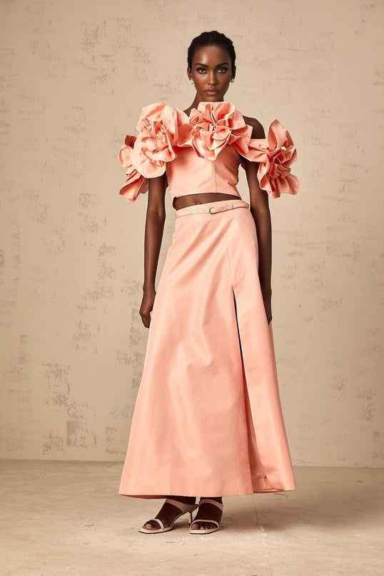 Oakley Pink Floral Applique Skirt Top Set Terylene Fiber High Rise Flared Hem Side Slit Detail