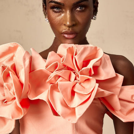 Oakley Pink Skirt and Top Set with Floral Appliqué Off-the-Shoulder Design and High Rise Flared Hem