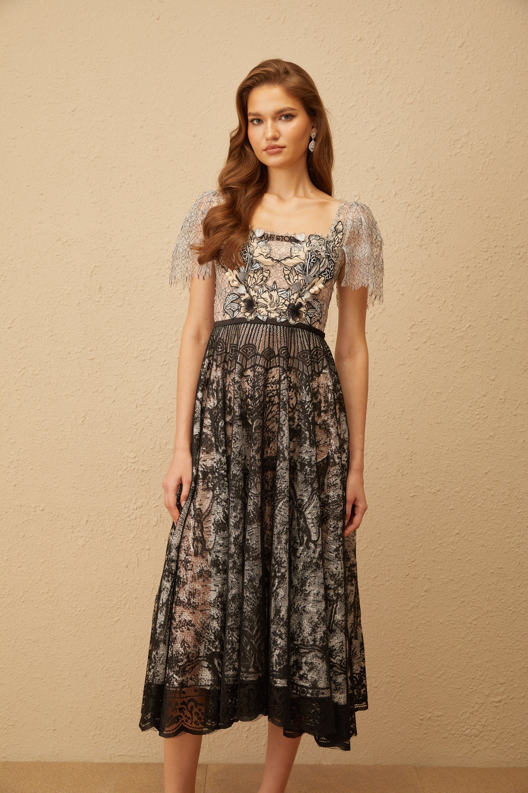 Océane Black Floral Embroidered Lace Midi Dress