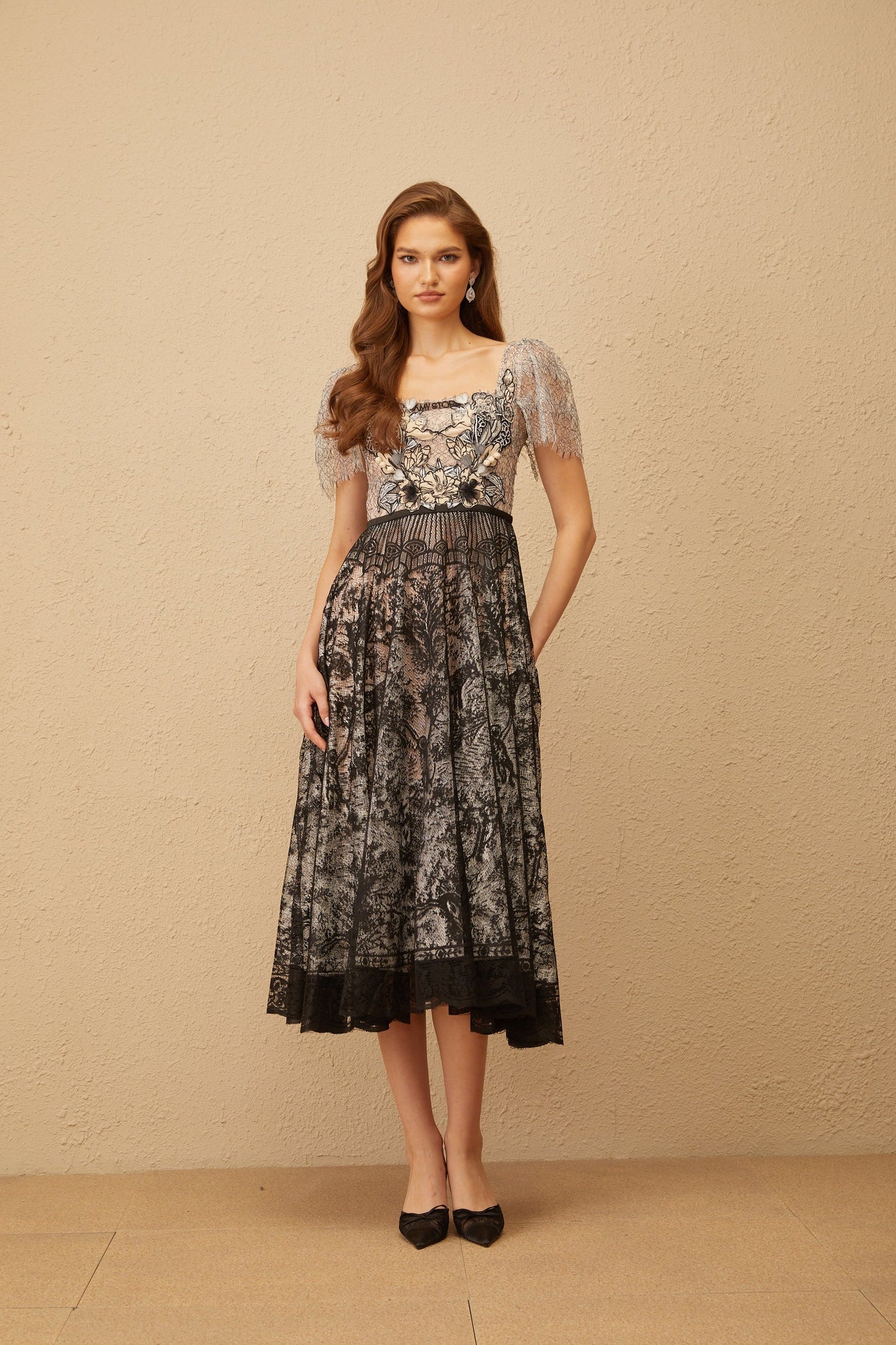 Océane Black Floral Embroidered Lace Midi Dress