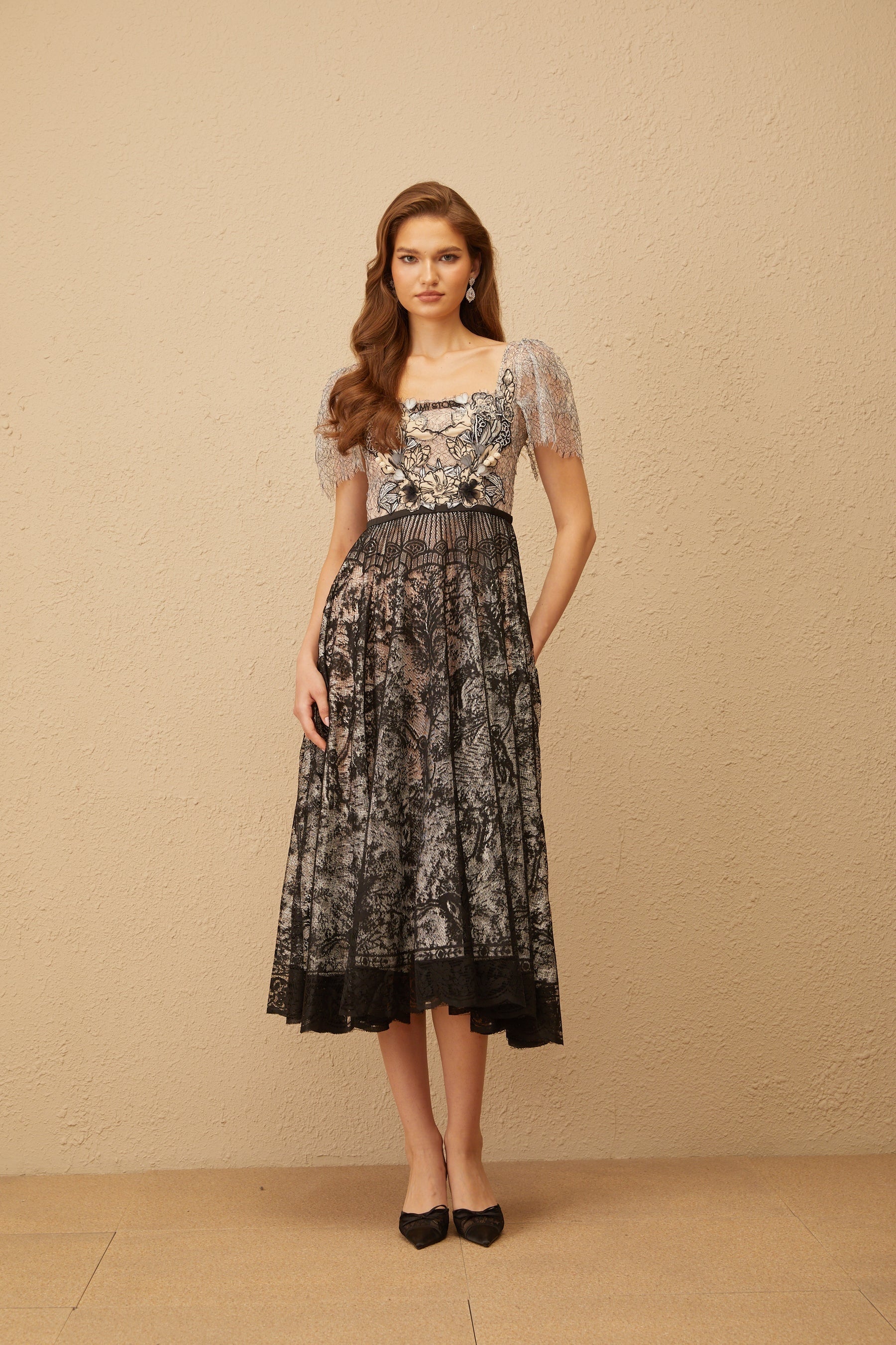 Océane Black Floral Embroidered Lace Midi Dress