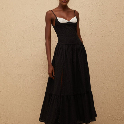 Octavia Black Maxi Dress with White Embroidered Corset and Lace Panelling