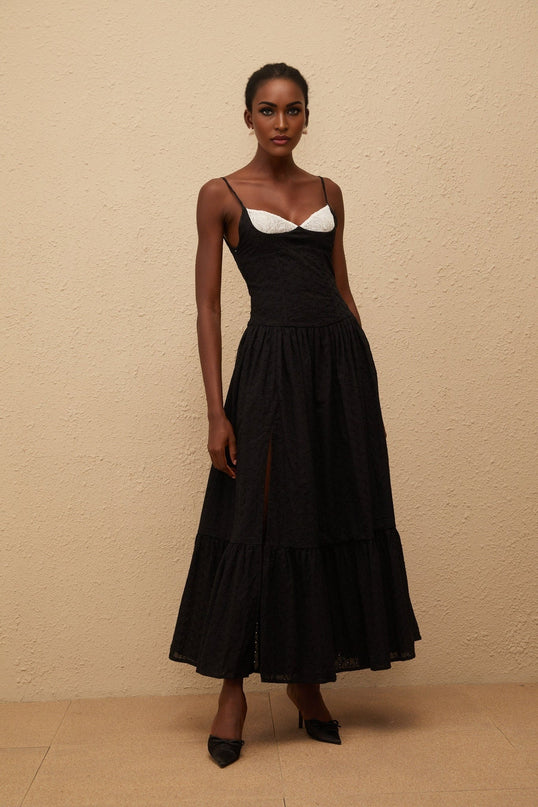 Octavia Black Maxi Dress with White Embroidered Corset and Lace Panelling