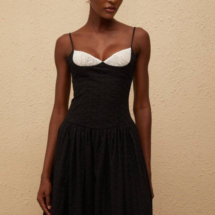 Octavia Black Maxi Dress with White Embroidered Corset and Lace Panelling