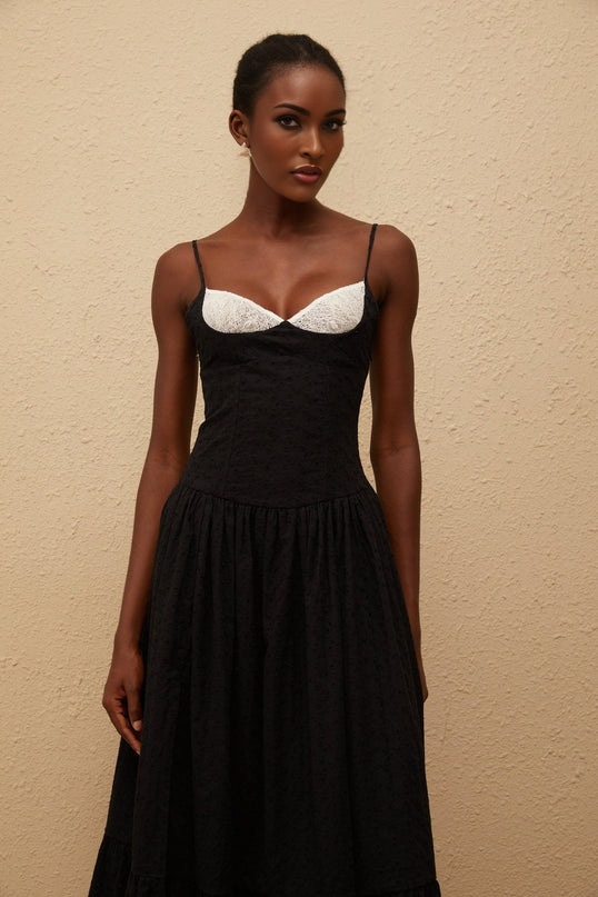 Octavia Black Maxi Dress with White Embroidered Corset and Lace Panelling
