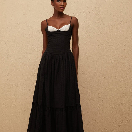 Octavia Black Maxi Dress with White Embroidered Corset and Lace Panelling