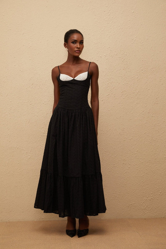 Octavia Black Maxi Dress with White Embroidered Corset and Lace Panelling