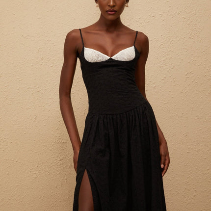 Octavia Black Maxi Dress with White Embroidered Corset and Lace Panelling