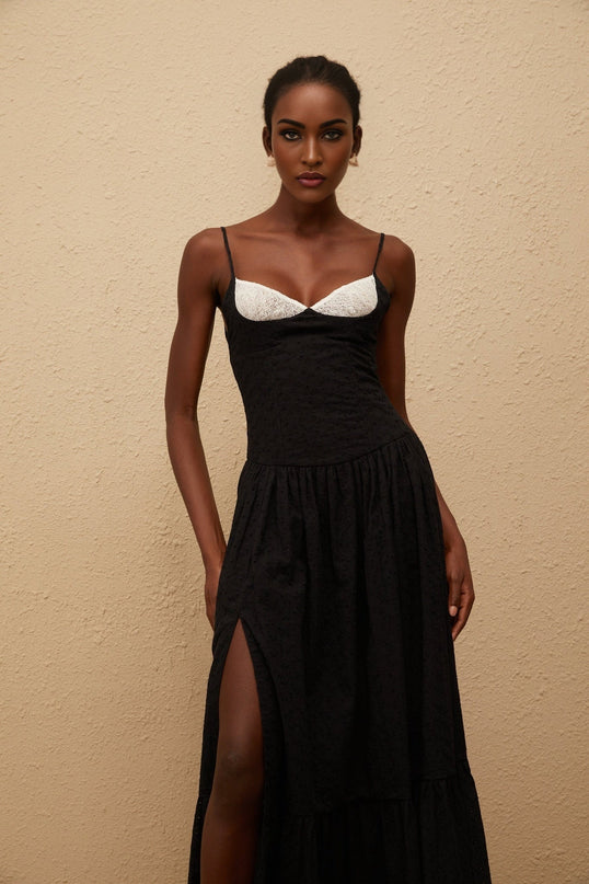 Octavia Black Maxi Dress with White Embroidered Corset and Lace Panelling