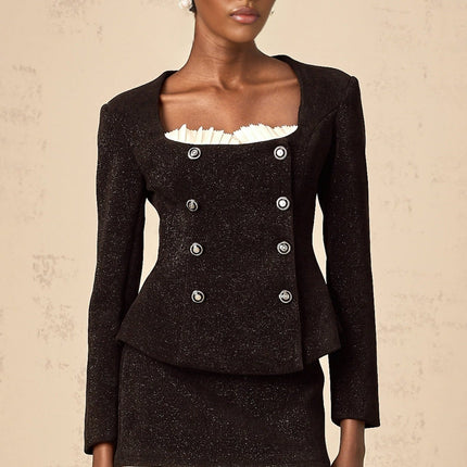 Octavia Black White Skirt Top Set Algae Terylene Lurex Elastane Panelled Metallic Threading Scoop Neckline Peplum Hem Lace Detailing Rear Zip Fastening Thigh Length Ensemble Special Occasions Evening Events Refined Luxury