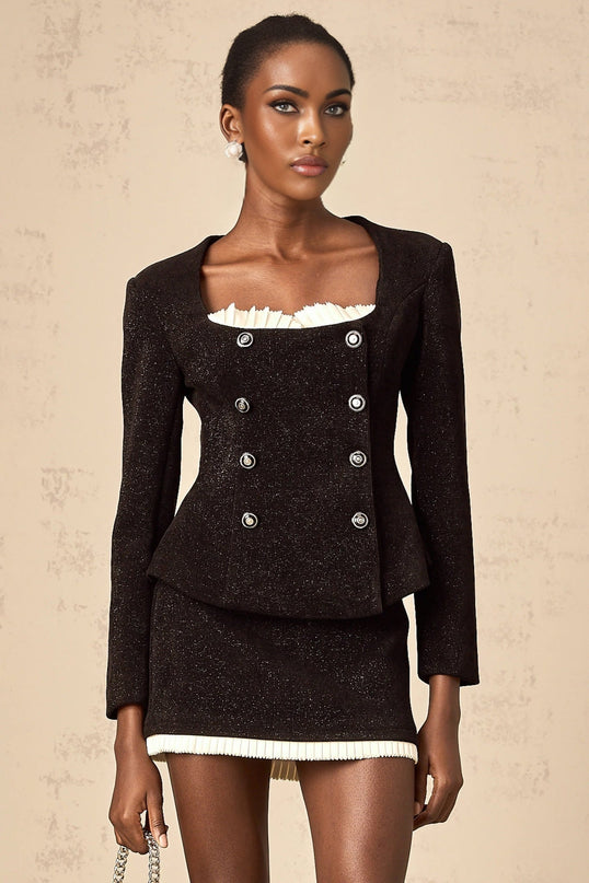 Octavia Black White Skirt Top Set Algae Terylene Lurex Elastane Panelled Metallic Threading Scoop Neckline Peplum Hem Lace Detailing Rear Zip Fastening Thigh Length Ensemble Special Occasions Evening Events Refined Luxury
