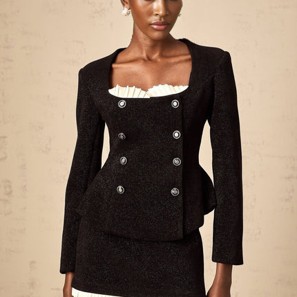 Octavia Black White Skirt Top Set Algae Terylene Lurex Elastane Panelled Metallic Threading Scoop Peplum Lace Zip Thigh-Length Elegant Luxury