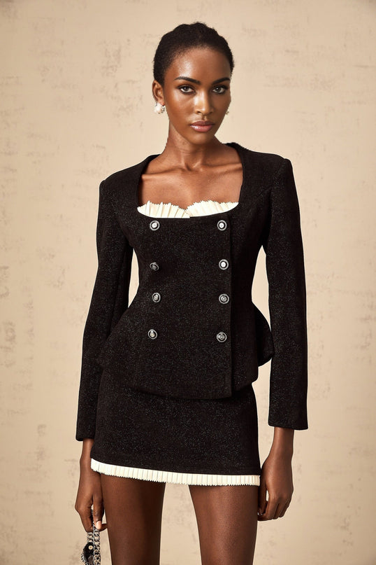 Octavia Black White Skirt Top Set Algae Terylene Lurex Elastane Panelled Metallic Threading Scoop Peplum Lace Zip Thigh-Length Elegant Luxury