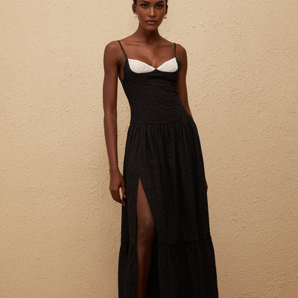 Octavia Maxi Dress in Black with White Embroidery and Lace Panelling V-Neck and Side Slit