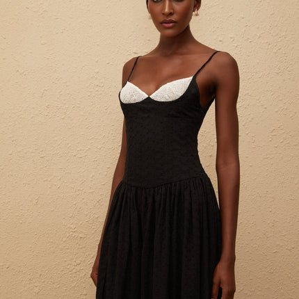 Octavia Maxi Dress in Black with White Embroidery and Lace Panelling V-Neck and Side Slit
