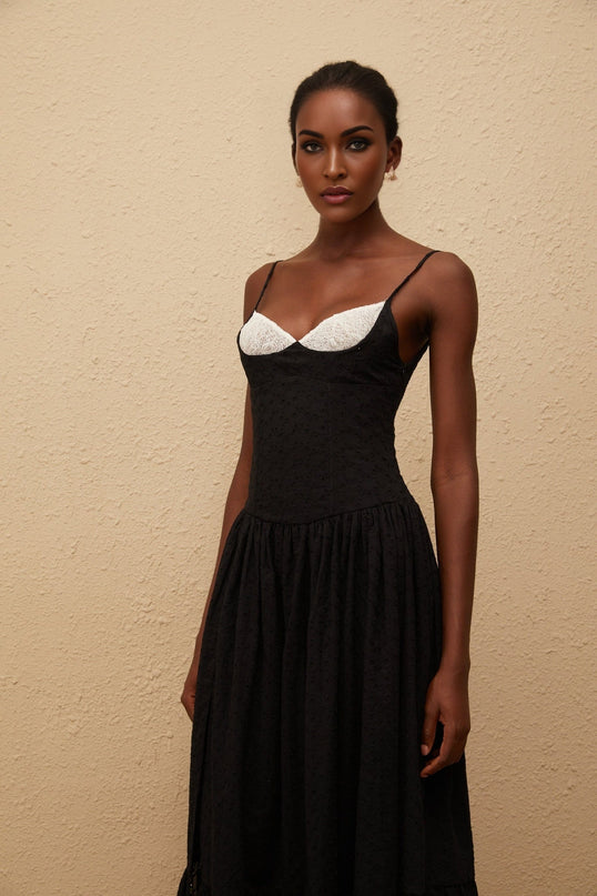 Octavia Maxi Dress in Black with White Embroidery and Lace Panelling V-Neck and Side Slit