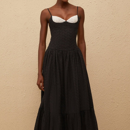 Octavia Maxi Dress in Black with White Embroidery and Lace Panelling