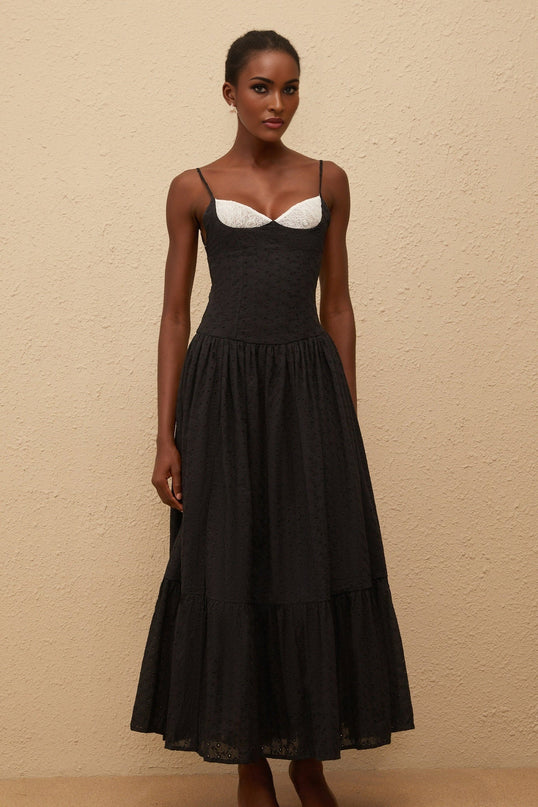Octavia Maxi Dress in Black with White Embroidery and Lace Panelling