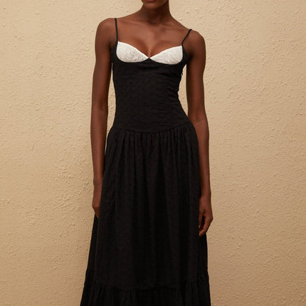 Octavia Maxi Dress Black White Embroidered Corset Lace V-neck Flounce Hem Side Slit Terylene Fiber Side Zip Rear Lace-up Closure