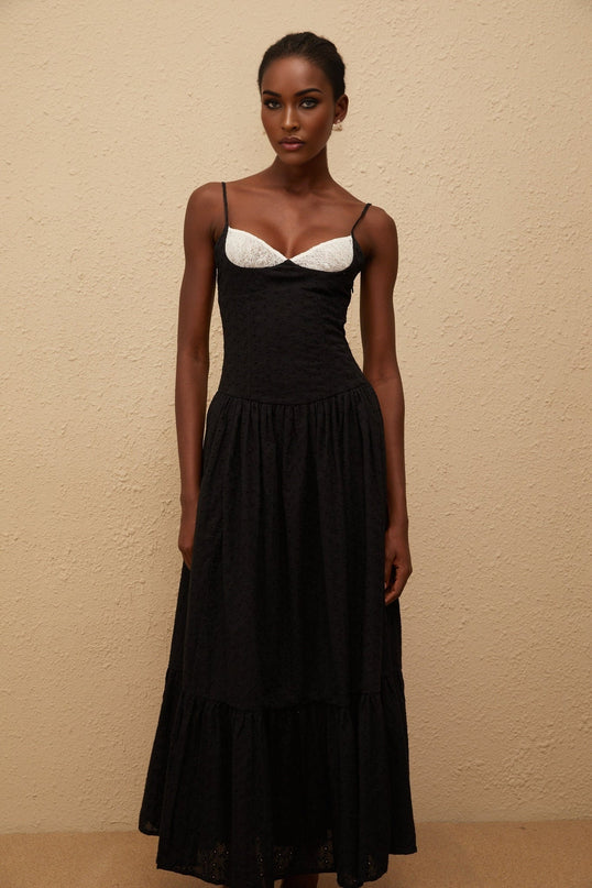 Octavia Maxi Dress Black White Embroidered Corset Lace V-neck Flounce Hem Side Slit Terylene Fiber Side Zip Rear Lace-up Closure