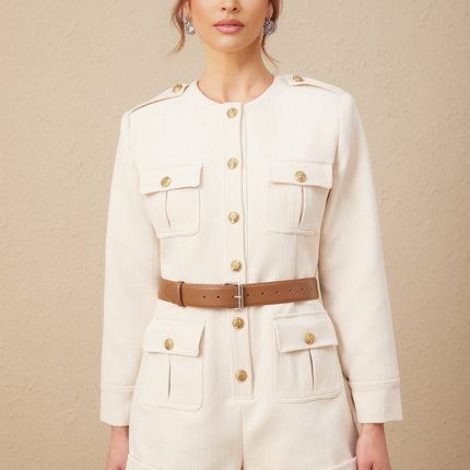 Octavia Neutrals Bodysuit long sleeve round neck embossed gold-tone buttons front flap pockets thigh-length elegant versatile 85% Polyester 15% Cotton