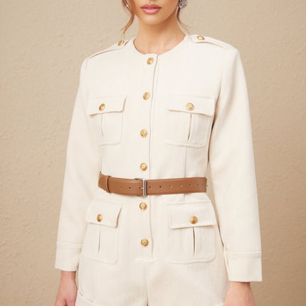 Octavia Neutrals Bodysuit with Embossed Gold-Tone Buttons and Four Front Flap Pockets