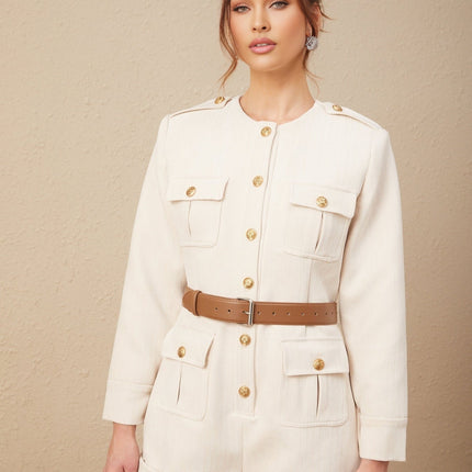 Octavia Neutrals Bodysuit with Embossed Gold-Tone Buttons and Four Front Flap Pockets