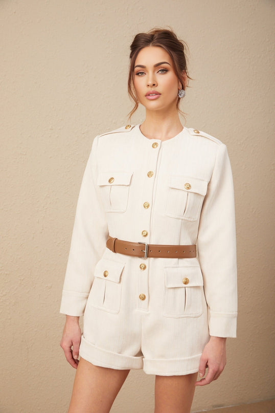 Octavia Neutrals Bodysuit with Embossed Gold-Tone Buttons and Four Front Flap Pockets