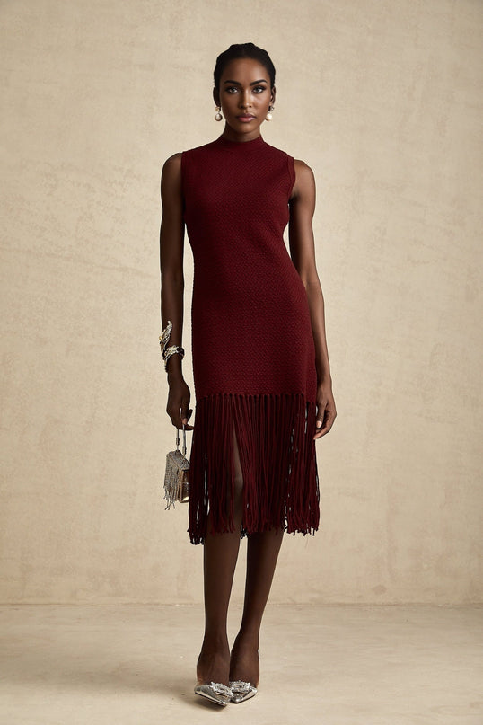 Octavia Red Fringed Edge Midi Dress